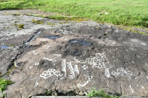 Detaljerade hällristningar inhuggna i stenhällar på Kinnekulle i Götene kommun.